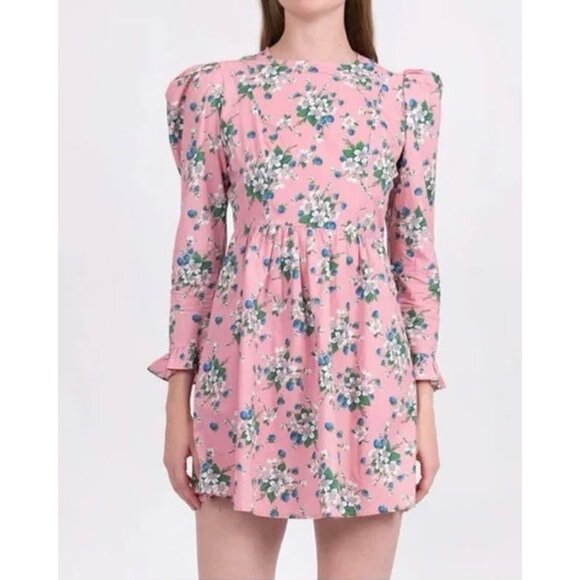 Batsheva Collarless Mini Prairie Dress Pink Lily 10 medium floral berries - Picture 1 of 14